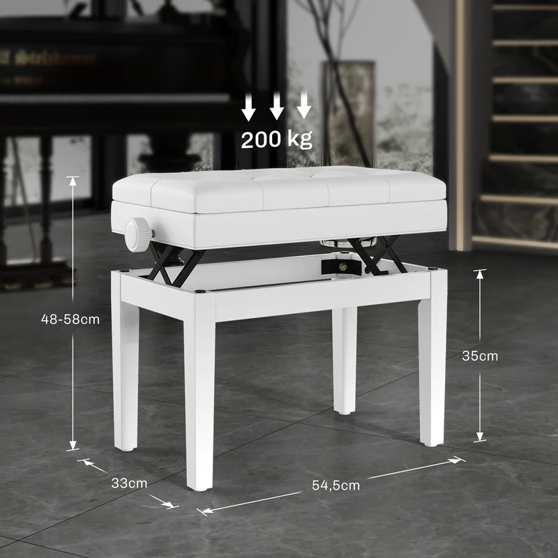 Banc de piano 55 x 33 x 48-58 cm hauteur réglable rangement intégré assise rembourrée classique en bois massif blanc 21_0008051