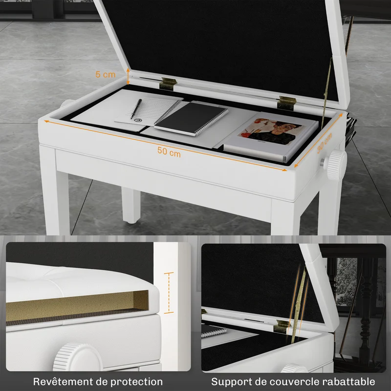 Banc de piano 55 x 33 x 48-58 cm hauteur réglable rangement intégré assise rembourrée classique en bois massif blanc 21_0008051