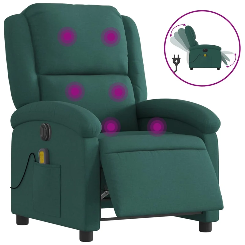 Fauteuil de relaxation TV fonction massage inclinable électrique 6 points de massage en tissu vert foncé DEC027280