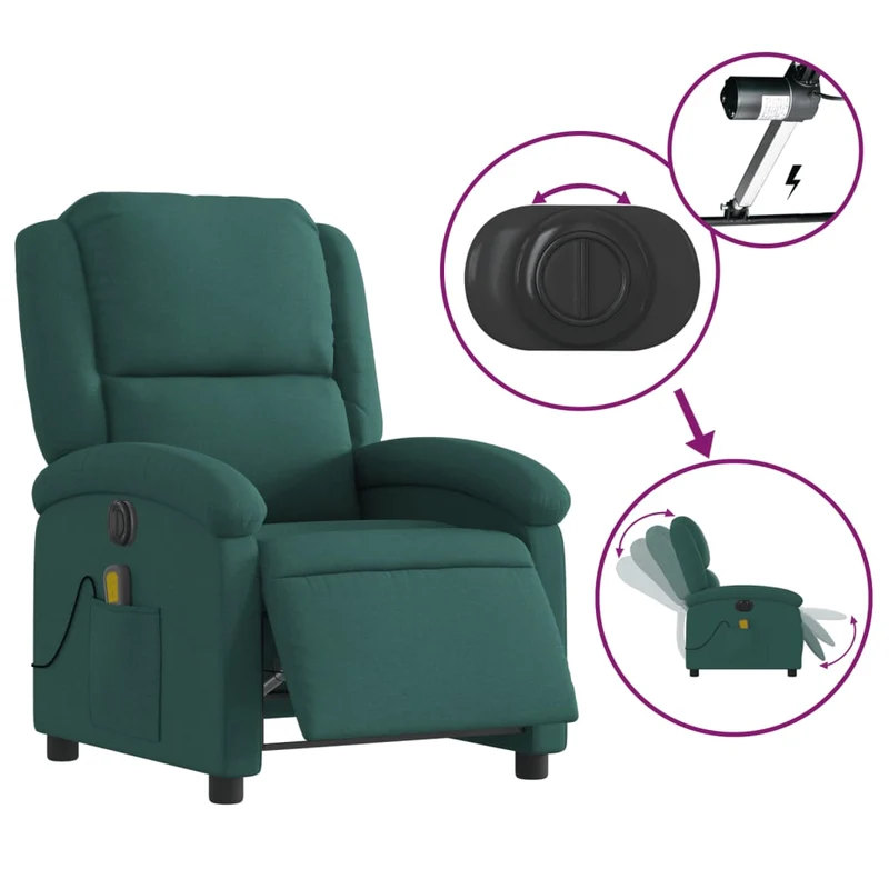 Fauteuil de relaxation TV fonction massage inclinable électrique 6 points de massage en tissu vert foncé DEC027280