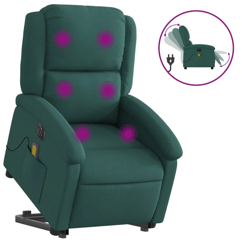 Fauteuil de relaxation fonction massage et inclinable levage électrique en tissu vert foncé DEC027874