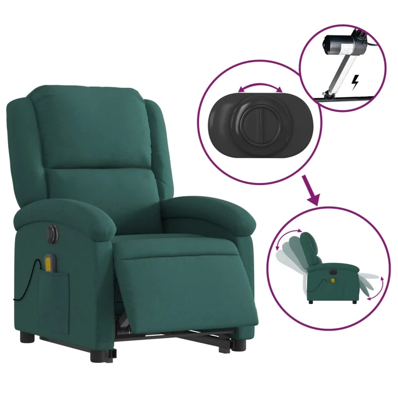 Fauteuil de relaxation fonction massage et inclinable levage électrique en tissu vert foncé DEC027874