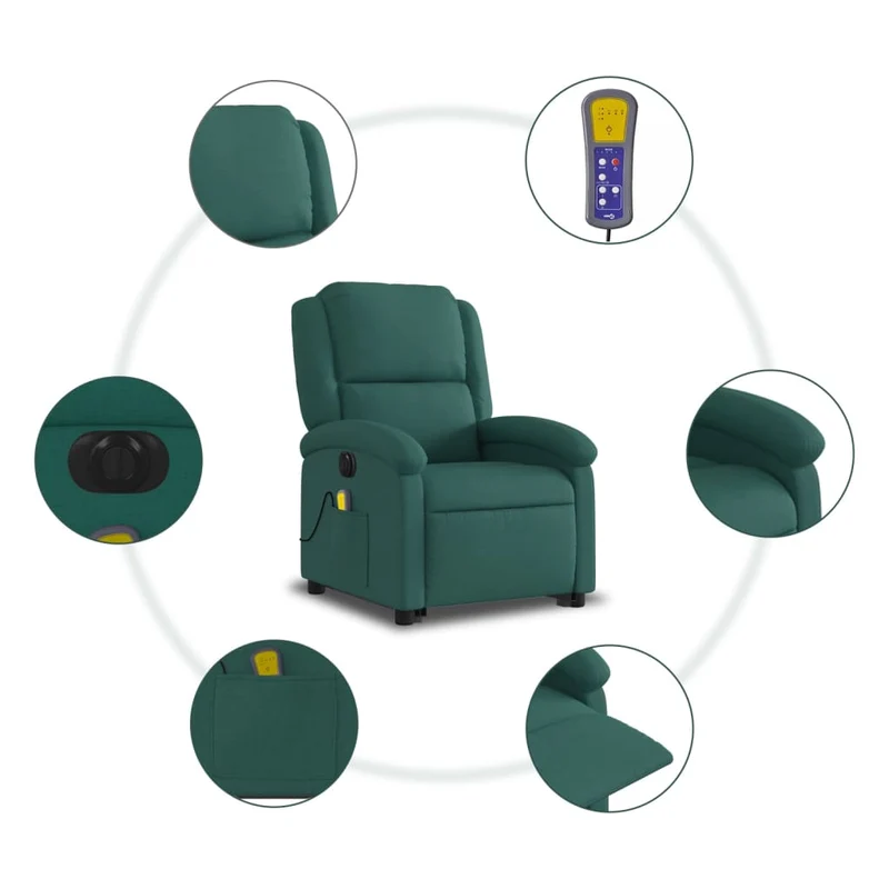 Fauteuil de relaxation fonction massage et inclinable levage électrique en tissu vert foncé DEC027874