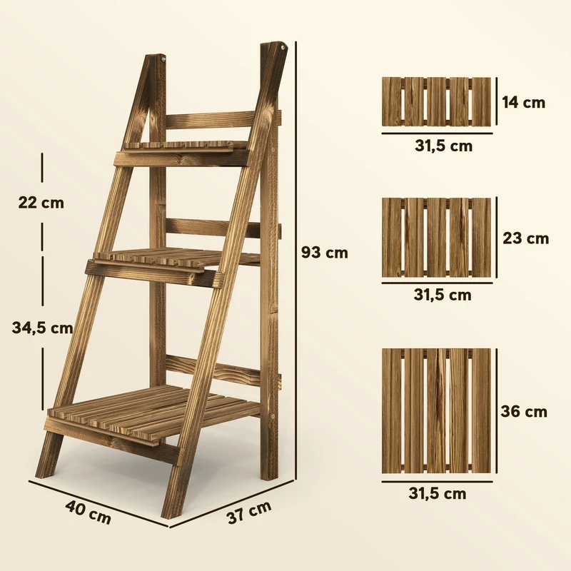 Étagère échelle à fleurs 3 niveaux pliable 40 x 37 x 93 cm gain de place idéal barre d'arrêt style design en bois marron 21_0004062