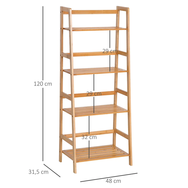 Étagère échelle rangement 48 x 31.5 x 120 cm 4 niveaux sécurisé pour salon salle de bain style naturel en bambou naturel 21_0001734