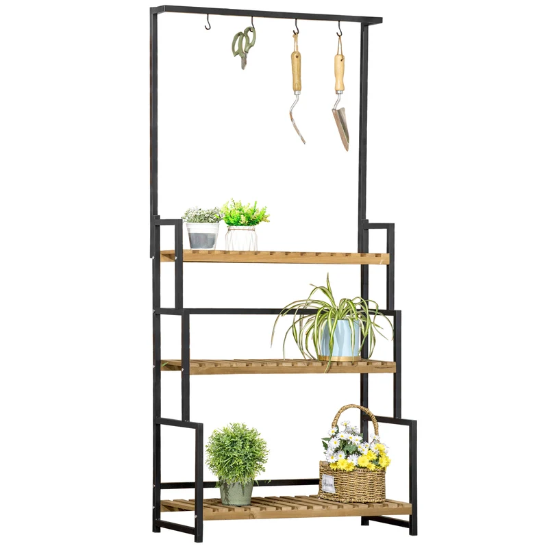 Étagère échelle plantes 3 niveaux balcon 80 x 36 x 174 cm crochets drainage pour terrasse scandinave en bois naturel 21_0004287