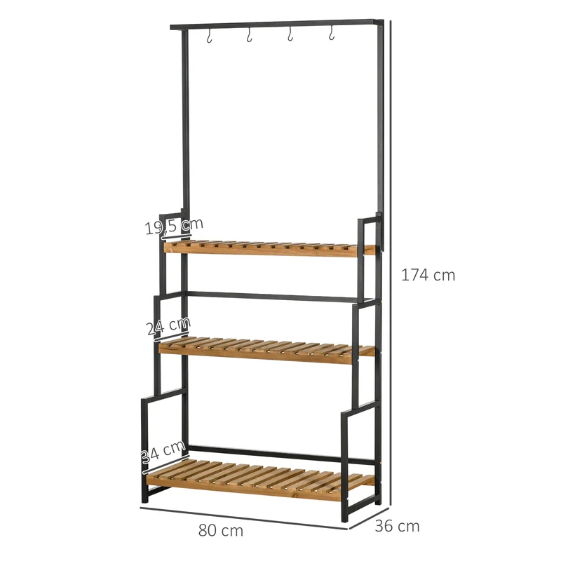 Étagère échelle plantes 3 niveaux balcon 80 x 36 x 174 cm crochets drainage pour terrasse scandinave en bois naturel 21_0004287