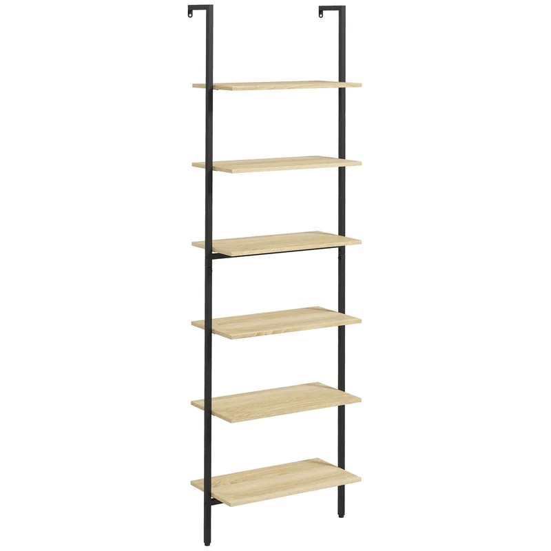 Étagère échelle murale bibliothèque 60 x 30 x 206 cm 6 niveaux pieds réglables industriel contemporain en bois naturel et acier 21_0002917