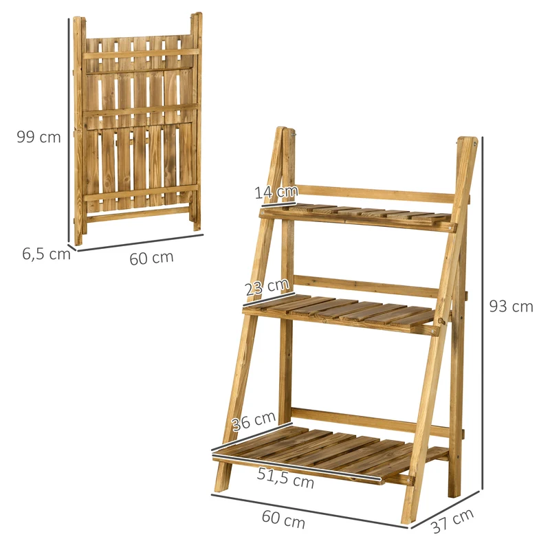 Étagère à plantes pyramidale pliable 60 x 37 x 93 cm aération drainage rustique salon terrasse en bois de sapin marron 21_0004064