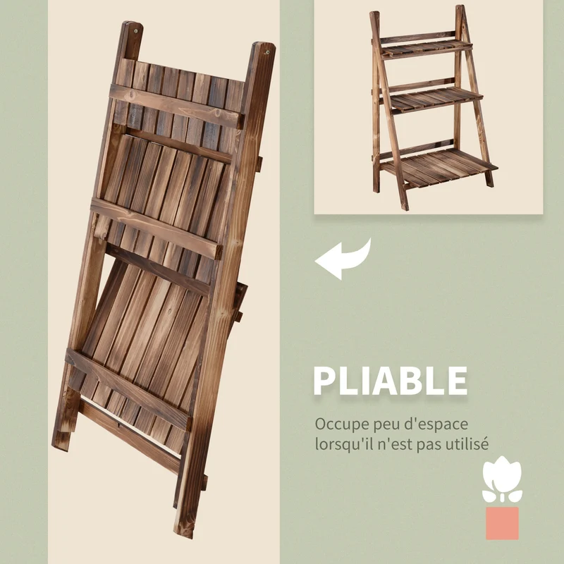 Étagère à plantes pyramidale pliable 60 x 37 x 93 cm aération drainage rustique salon terrasse en bois de sapin marron 21_0004064