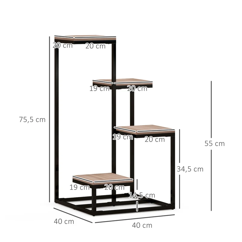 Étagère à plantes intérieur 40 x 40 x 75,5 cm 4 niveaux réglables design industriel pratique gain de place en acier noir 21_0004369