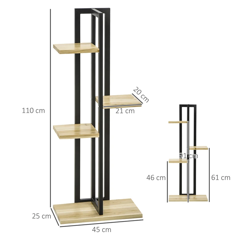 Étagère à plantes escalier 4 niveaux 45 x 25 x 110 cm gain de place hauteurs variées style industriel en bois naturel et acier 21_0004322
