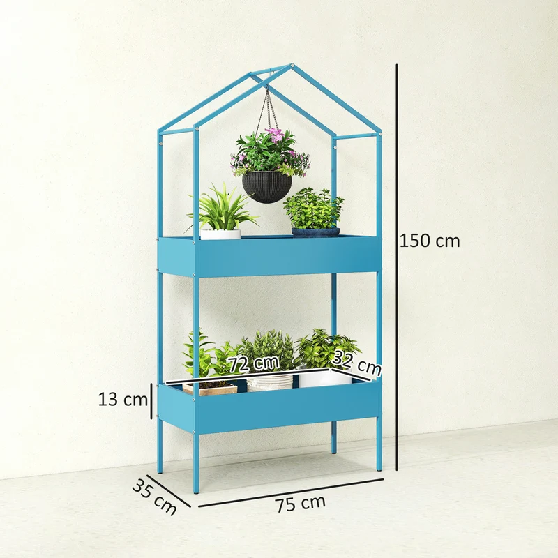 Étagère à plantes en forme de maison 75 x 35 x 150 cm crochet et pieds réglables design contemporain en métal bleu-vert 21_0005620