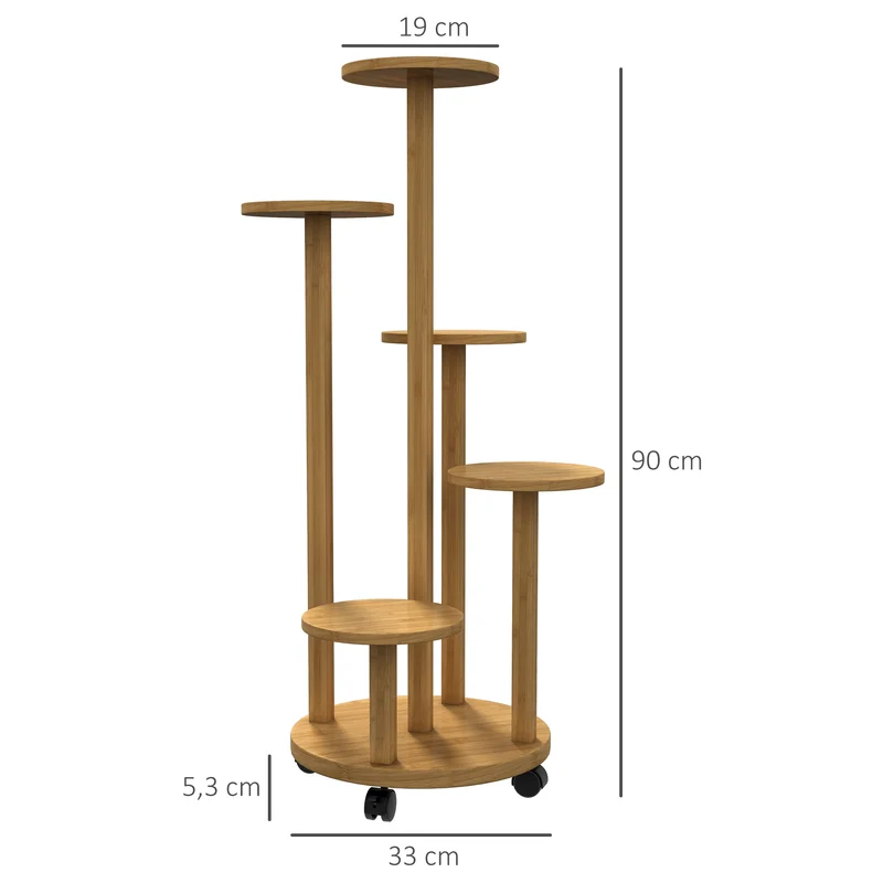Étagère à plantes 5 niveaux 33 x 33 x 90 cm gain de place pour balcon à roulettes scandinave en bambou bois naturel 21_0005454