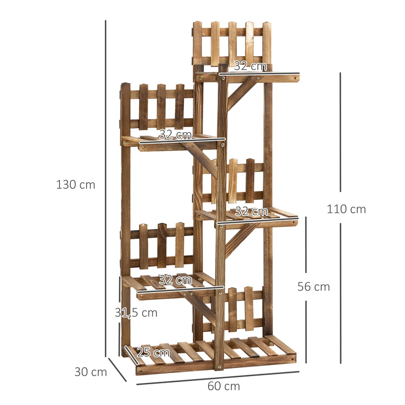 Étagère à fleurs escalier 60 x 30 x 130 cm support cinq tablettes drainage optimisé jardin scandinave en bois naturel 21_0004218