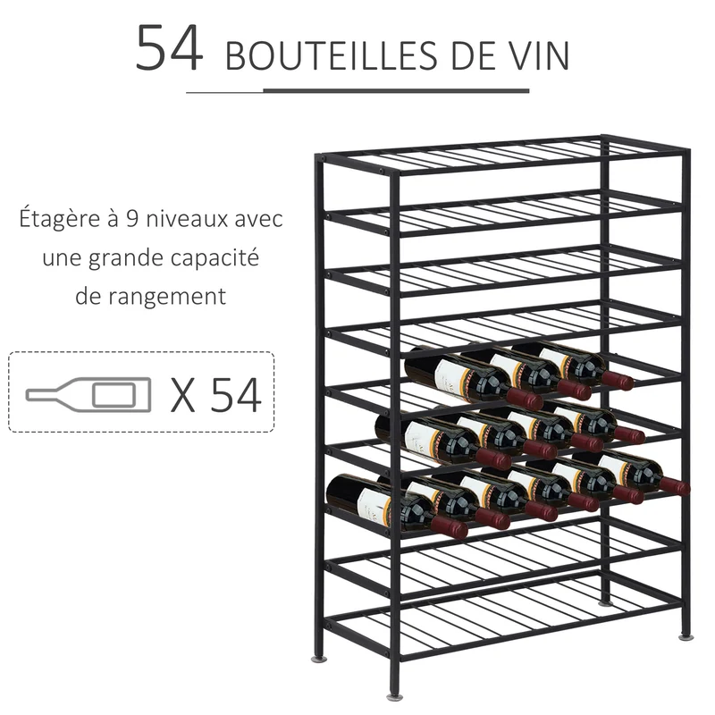 Étagère à bouteilles cave 63 x 25 x 91 cm capacité 54 bouteilles maturation horizontale design industriel en métal noir 21_0000984