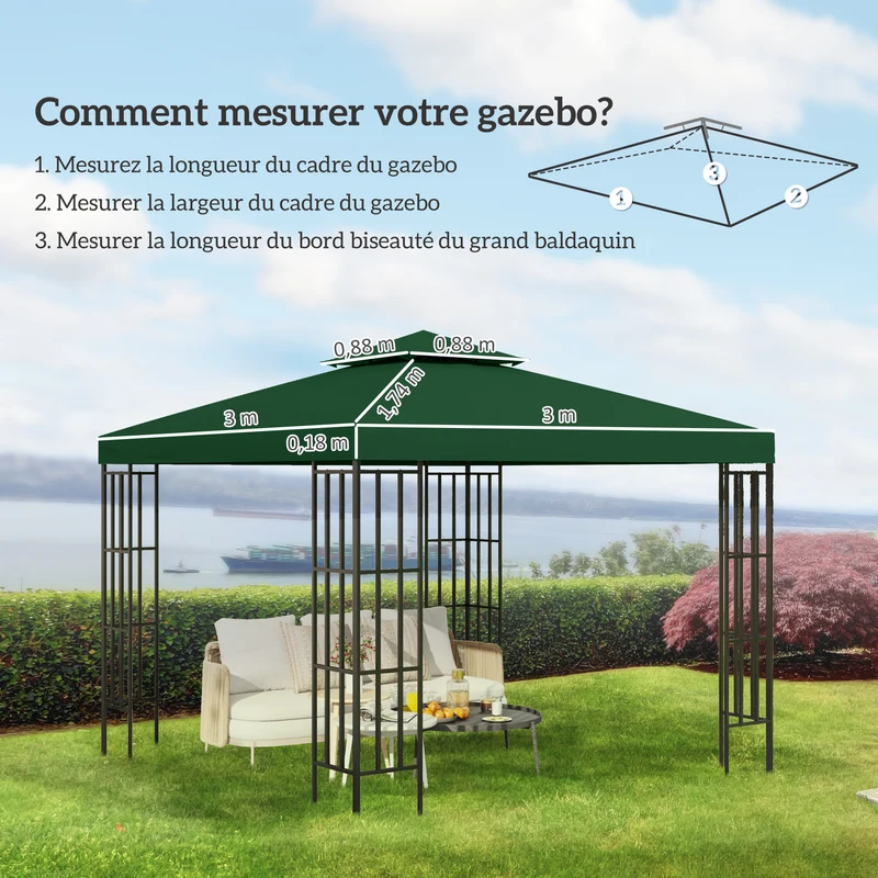 Toit de remplacement tonnelle jardin 3 x 3 m 180 g/m² imperméable protection solaire tendance en polyester vert foncé 21_0000030