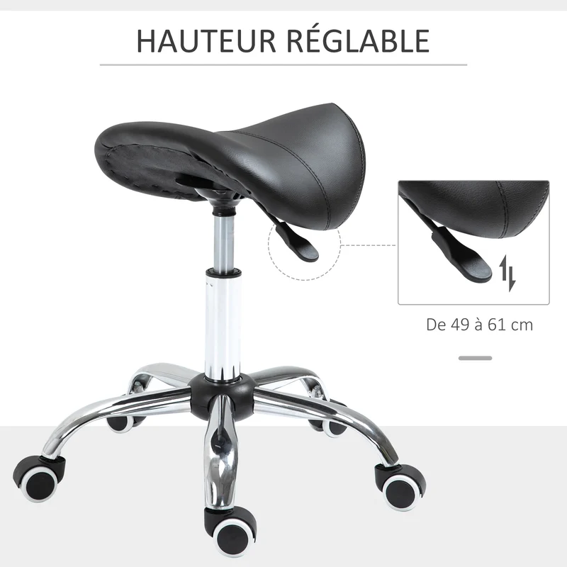Tabouret à roulettes selle ergonomique 52 x 53 x 49-61 cm réglable assise mousse contemporain en PU noir 21_0000095