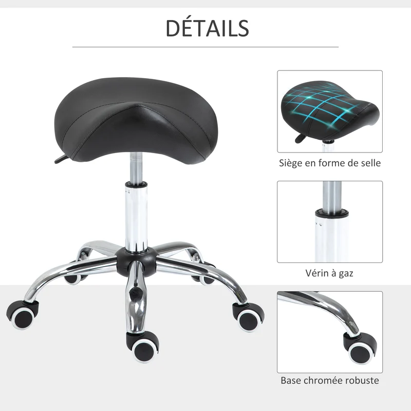 Tabouret à roulettes selle ergonomique 52 x 53 x 49-61 cm réglable assise mousse contemporain en PU noir 21_0000095