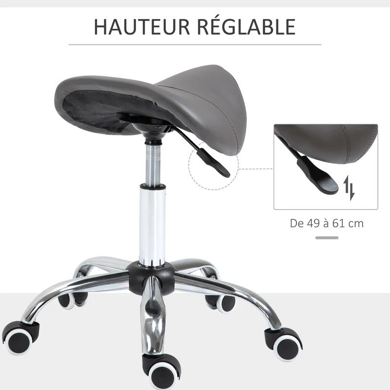 Tabouret à roulettes selle ergonomique 52 x 53 x 49-61 cm pivotant 360° réglable maintien du dos contemporain en PU gris 21_0000093