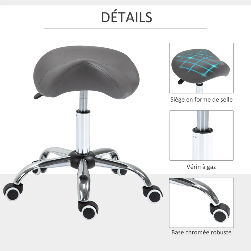 Tabouret à roulettes selle ergonomique 52 x 53 x 49-61 cm pivotant 360° réglable maintien du dos contemporain en PU gris 21_0000093