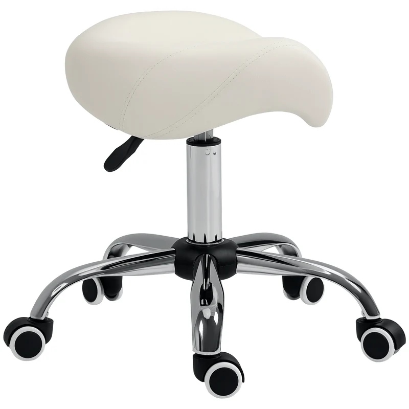 Tabouret à roulettes selle ergonomique 52 x 53 x 49-61 cm hauteur réglable assise mousse design contemporain en PU blanc 21_0000092