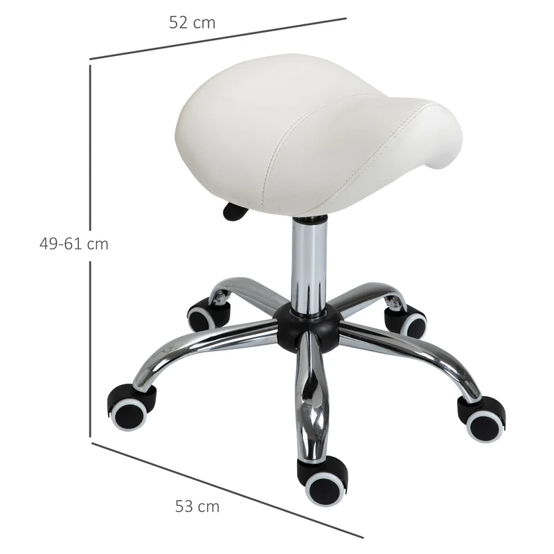 Tabouret à roulettes selle ergonomique 52 x 53 x 49-61 cm hauteur réglable assise mousse design contemporain en PU blanc 21_0000092