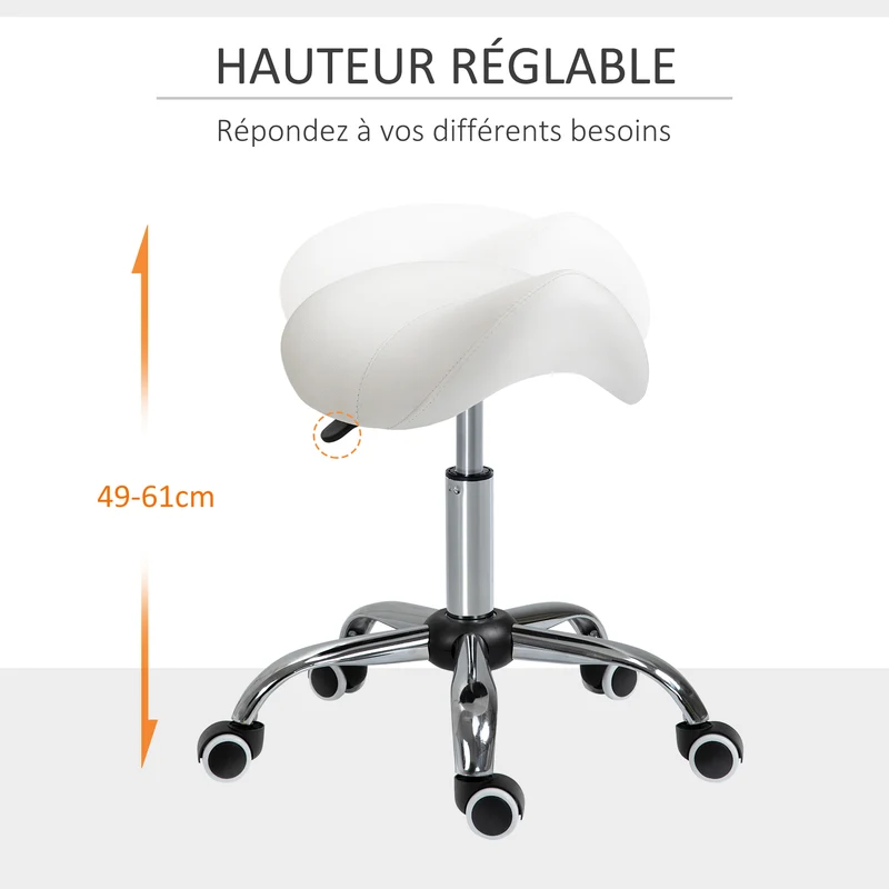 Tabouret à roulettes selle ergonomique 52 x 53 x 49-61 cm hauteur réglable assise mousse design contemporain en PU blanc 21_0000092
