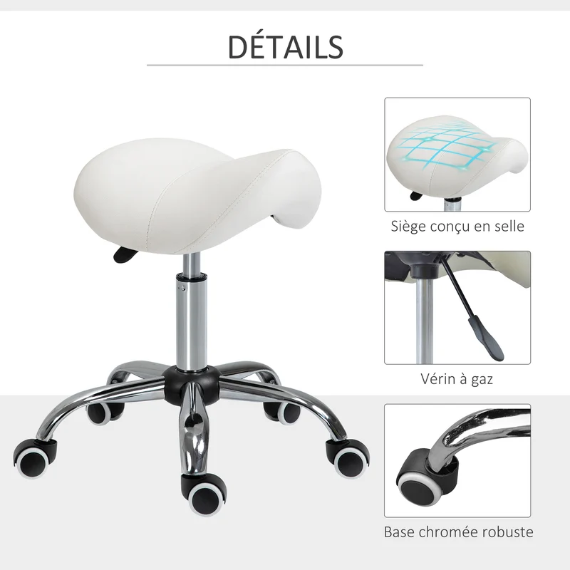 Tabouret à roulettes selle ergonomique 52 x 53 x 49-61 cm hauteur réglable assise mousse design contemporain en PU blanc 21_0000092