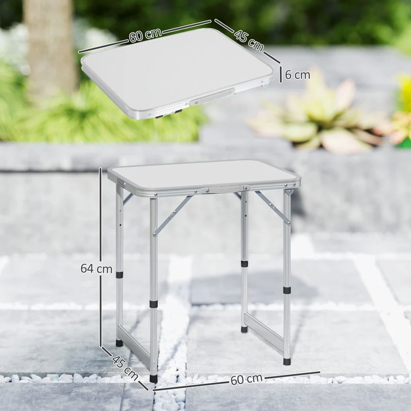 Table pliante valise camping extérieur 60 x 45 x 64 cm hauteur réglable transportable moderne épuré en aluminium blanc 21_0000039