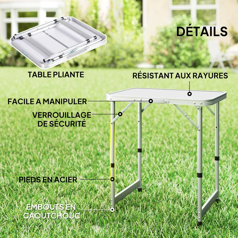 Table pliante valise camping extérieur 60 x 45 x 64 cm hauteur réglable transportable moderne épuré en aluminium blanc 21_0000039