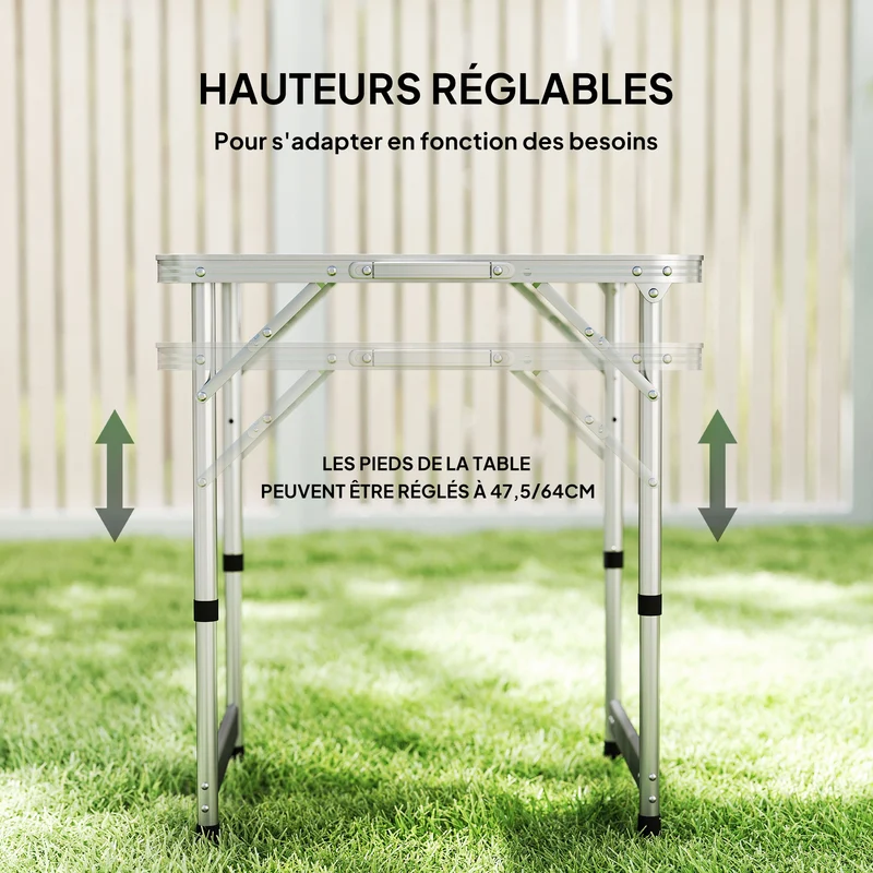 Table pliante valise camping extérieur 60 x 45 x 64 cm hauteur réglable transportable moderne épuré en aluminium blanc 21_0000039