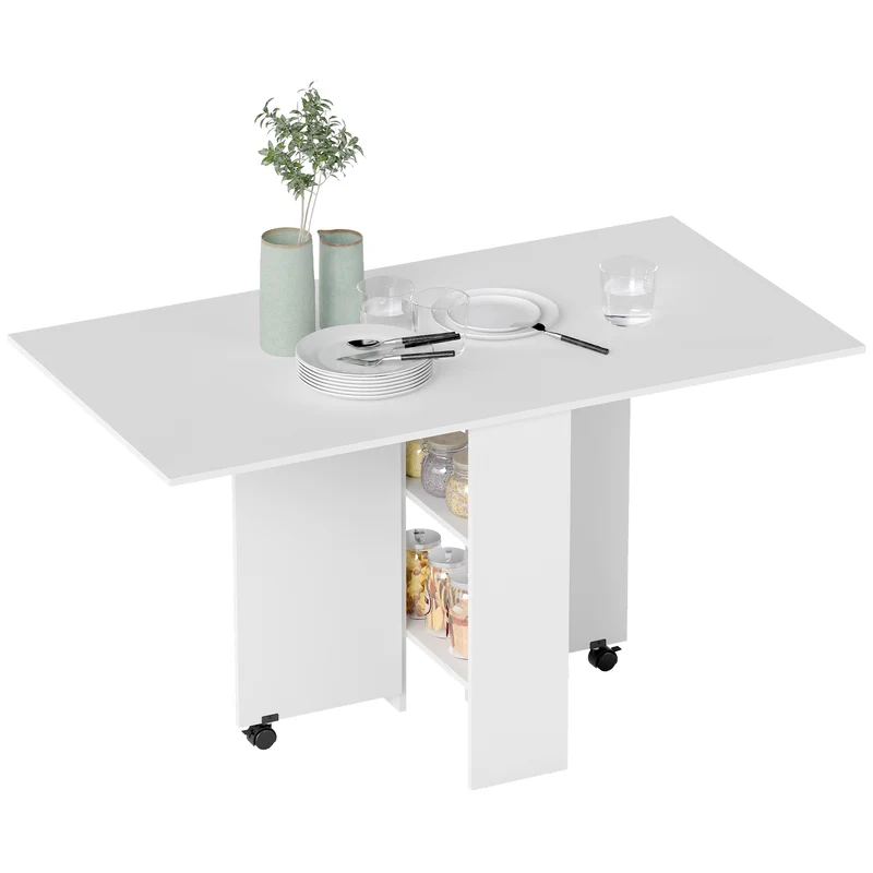 Table pliante de cuisine 75 x 140 x 74 cm à roulettes freinées 2 étagères utile moderne en panneaux de particules blanc 21_0000088