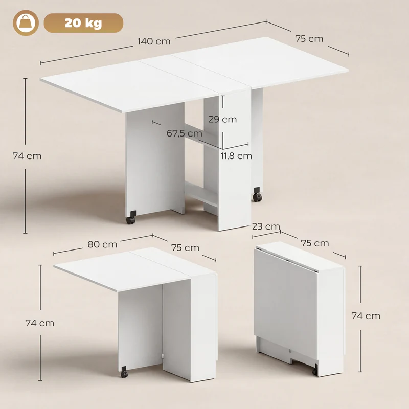 Table pliante de cuisine 75 x 140 x 74 cm à roulettes freinées 2 étagères utile moderne en panneaux de particules blanc 21_0000088