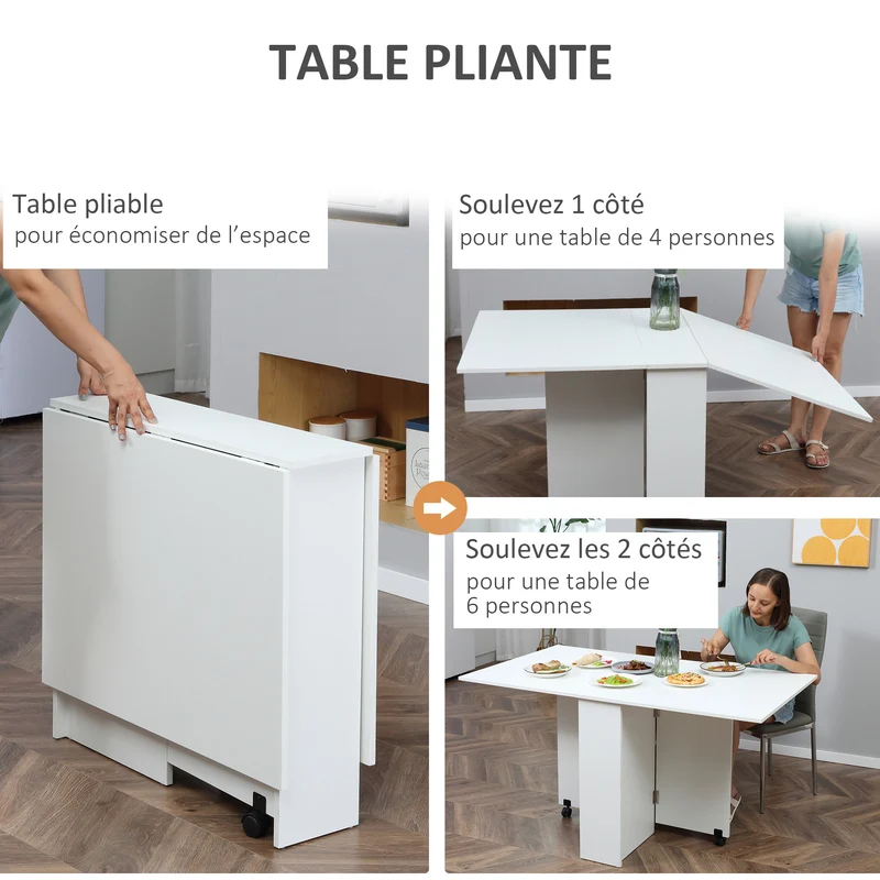 Table pliante de cuisine 75 x 140 x 74 cm à roulettes freinées 2 étagères utile moderne en panneaux de particules blanc 21_0000088