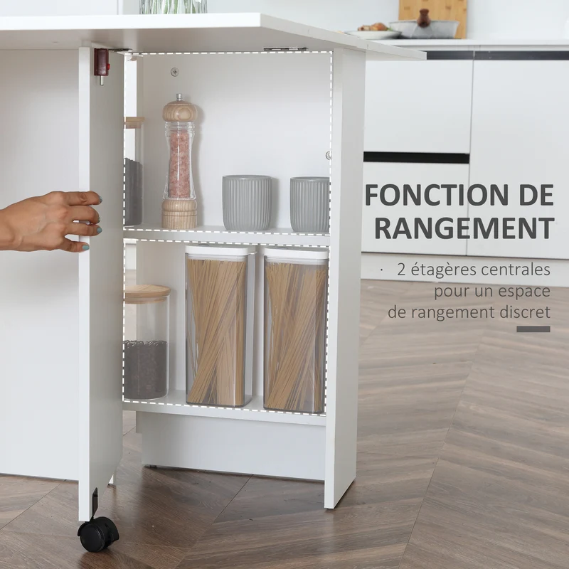 Table pliante de cuisine 75 x 140 x 74 cm à roulettes freinées 2 étagères utile moderne en panneaux de particules blanc 21_0000088