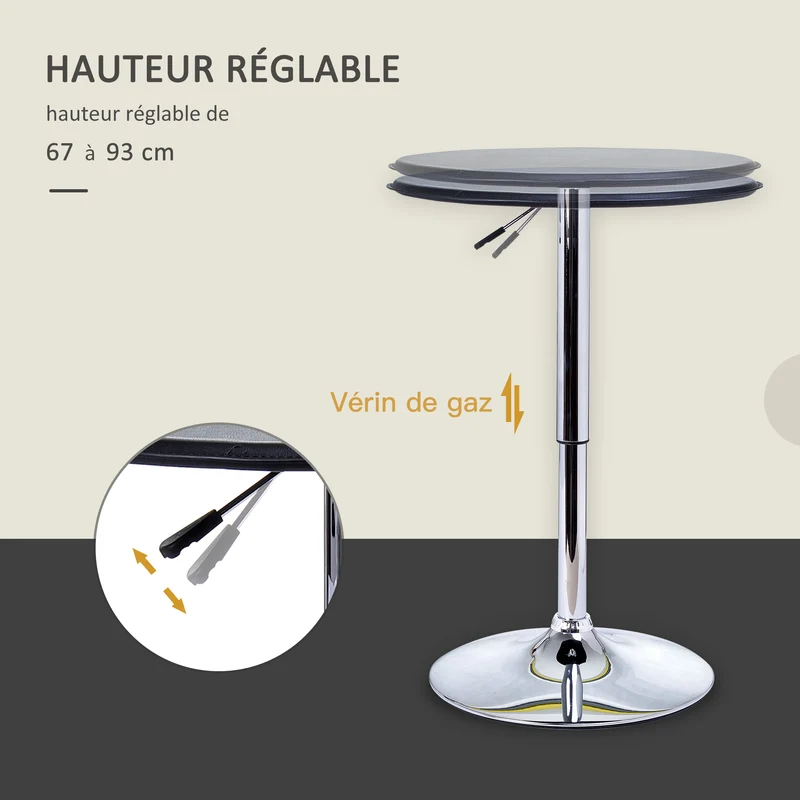 Table de bar mange-debout bistro 67-93 x 63 x 63 cm hauteur réglable entretien facile contemporain design en PVC noir et métal 21_0000074