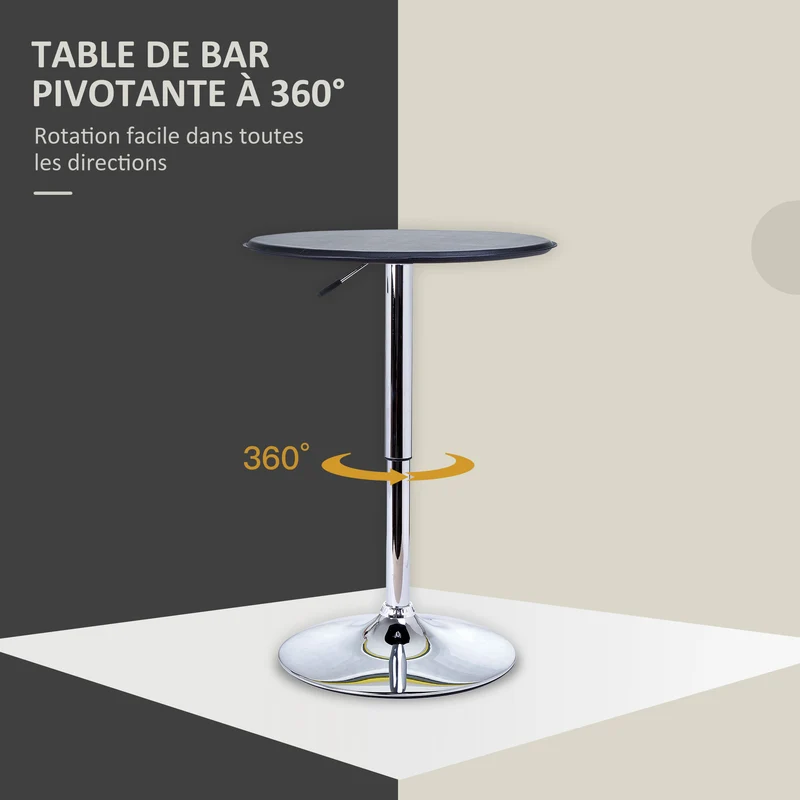 Table de bar mange-debout bistro 67-93 x 63 x 63 cm hauteur réglable entretien facile contemporain design en PVC noir et métal 21_0000074