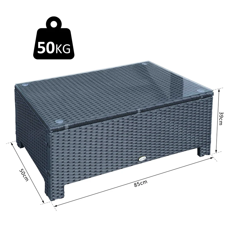 Table basse de jardin 85 x 50 x 39 cm plateau verre trempé 5 mm supporte 50 kg moderne cosy contemporain en résine noir 21_0000064