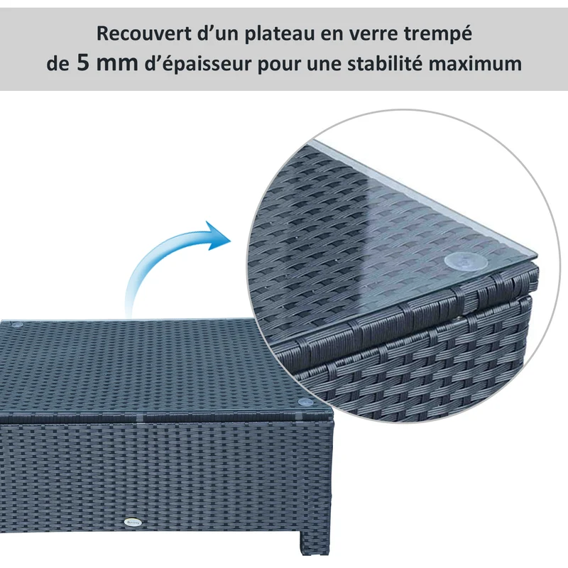 Table basse de jardin 85 x 50 x 39 cm plateau verre trempé 5 mm supporte 50 kg moderne cosy contemporain en résine noir 21_0000064