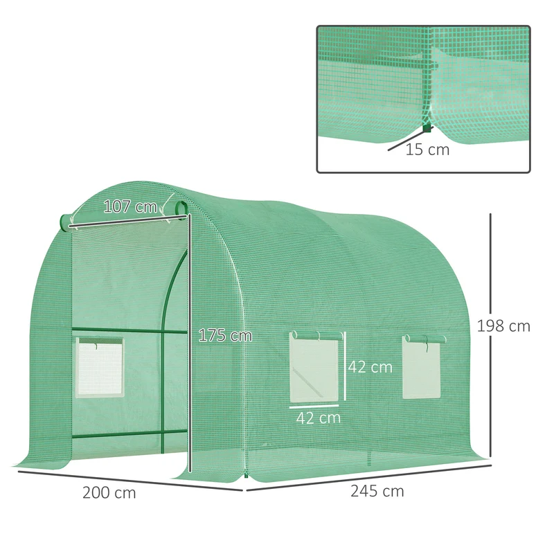 Serre tunnel de jardin 245 x 200 x 198 cm pour cultures toute l'année fenêtres moustiquaires épuré en polyéthylène vert 21_0000042
