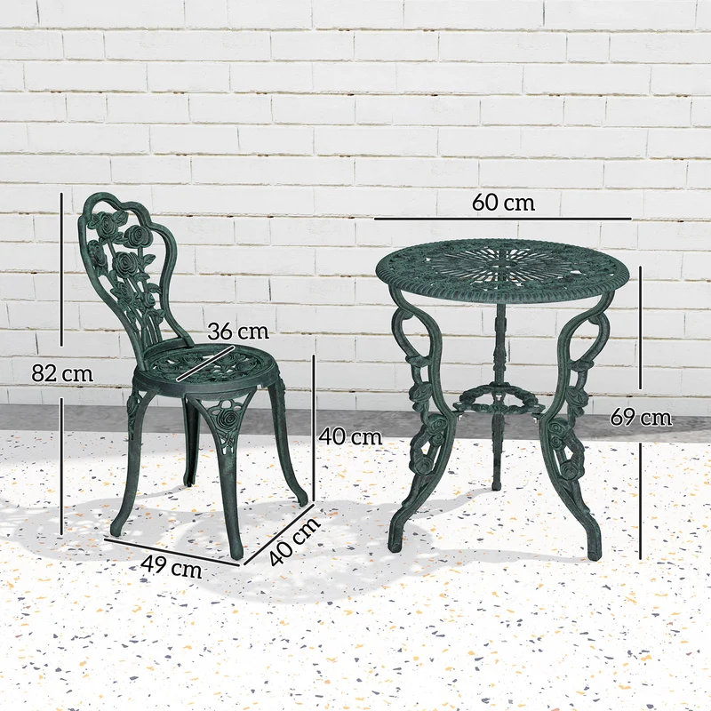 Salon de jardin 2 places 60 x 60 x 69 cm espace pour parasol antidérapant vintage en fonte d'aluminium vert vieilli 21_0000066