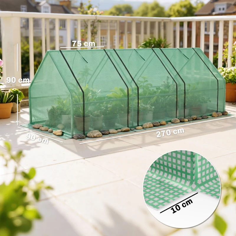 Mini serre tunnel jardin 270 x 90 x 90 cm protection plantes 3 fenêtres bâche 140 g/m² rustique en polyéthylène vert 21_0000043