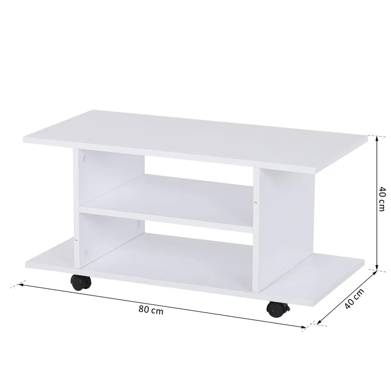 Meuble tv bas à roulettes 80 x 40 x 40 cm double rangement étagère mobilité contemporain en panneaux de particules blanc 21_0000086