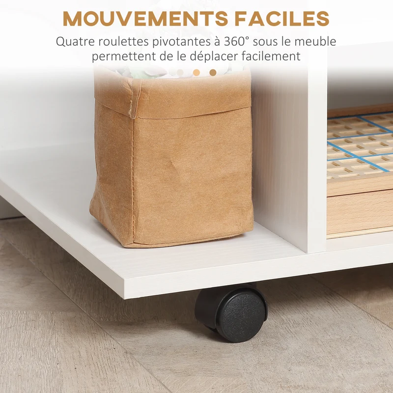 Meuble tv bas à roulettes 80 x 40 x 40 cm double rangement étagère mobilité contemporain en panneaux de particules blanc 21_0000086