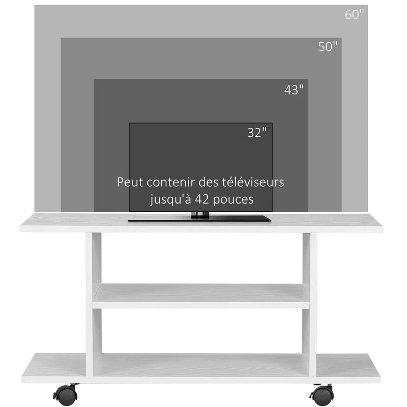 Meuble tv bas à roulettes 80 x 40 x 40 cm double rangement étagère mobilité contemporain en panneaux de particules blanc 21_0000086