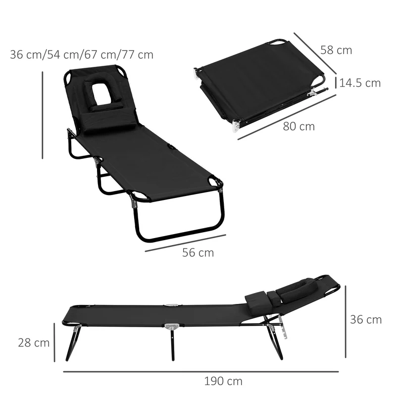 Chaise longue pliante jardin 190 x 56 x 28 cm réglable 3 positions oreiller amovible design contemporain en oxford noir 21_0000037