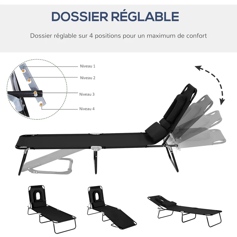 Chaise longue pliante jardin 190 x 56 x 28 cm réglable 3 positions oreiller amovible design contemporain en oxford noir 21_0000037