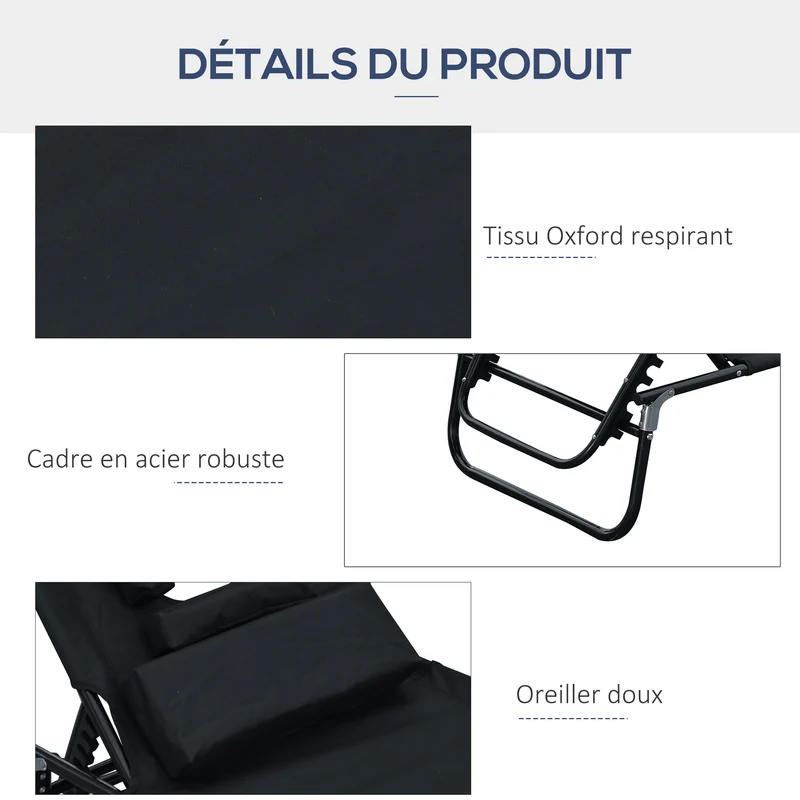Chaise longue pliante jardin 190 x 56 x 28 cm réglable 3 positions oreiller amovible design contemporain en oxford noir 21_0000037