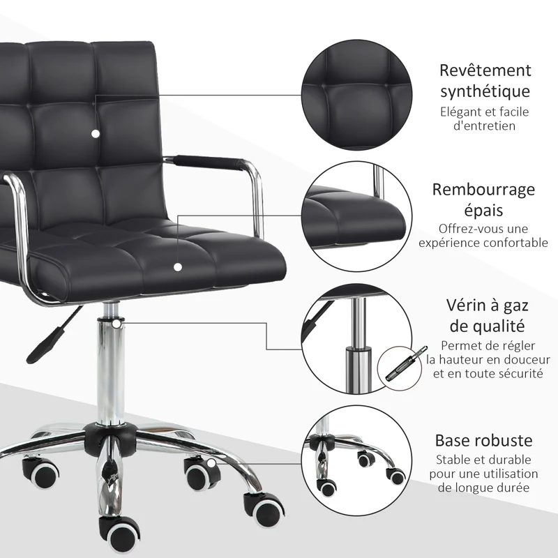 Chaise de bureau pivotante réglable 52,5 x 54 x 99 cm confort soutien lombaire moderne en revêtement synthétique noir 21_0000094